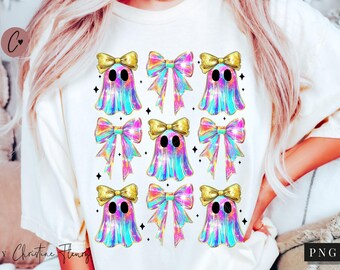 Iridescent Ghost & Bows PNG, Coquette Halloween Sublimation Design, Neon Halloween Png, Spooky Season Png, Girly Halloween