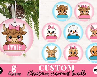 Custom Cute Christmas Ornament Sublimation Bundle, Custom Kids Name Round Ornament PNG, Christmas PNG, Sublimation Design Digital Download