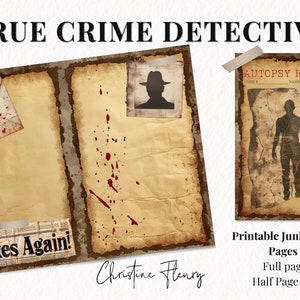 May include: Printable junk journal pages with a true crime theme. The pages are distressed and feature red blood splatter, a newspaper clipping that says "Strikes Again!" and an autopsy report. The pages are available in two sizes: 11 x 8.5 inches and 5.5 x 4.25 inches.