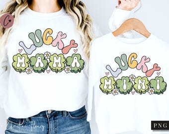 Retro Lucky Mama And Mini PNG, St Patricks PNG, Cute Mommy and Me Tshirt, St Patrick's Day PNG, St Patrick Sublimation, Digital Download