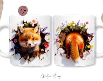 Envoltura de taza con divertido zorro primaveral, sublimación de taza de Pascua primaveral PNG, agujero en la pared PNG, sublimación de taza de 11 oz y 15 oz
