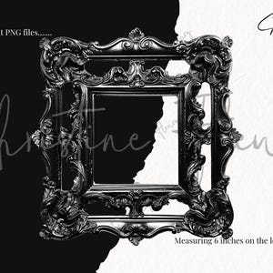 May include: Black ornate picture frame with a highly detailed design. The frame measures 6 inches on the longest side.