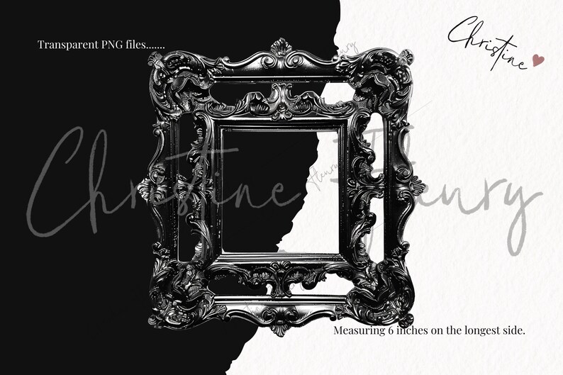 May include: Black ornate picture frame with a highly detailed design. The frame measures 6 inches on the longest side.