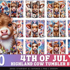 4th Of July Highland Cow Tumbler Bundle PNG, 20 oz Skinny Tumbler Sublimation, Highland Cow Tumbler Wrap, 4th Of July PNG, Digital Download