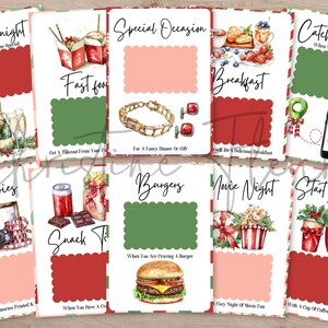 May include: A collection of illustrated cards with various themes, including "Date Night," "Fast Food," and "Breakfast." Each card features a decorative border, a title, and a blank space for personalization. The cards are designed with watercolor illustrations.