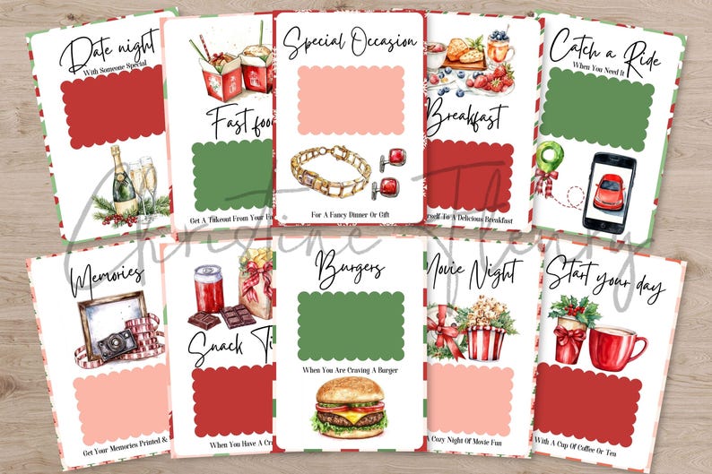 May include: A collection of illustrated cards with various themes, including "Date Night," "Fast Food," and "Breakfast." Each card features a decorative border, a title, and a blank space for personalization. The cards are designed with watercolor illustrations.