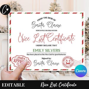 Modello di certificato personalizzato per la lista dei buoni, modello Canva stampabile Certificato per la lista dei buoni, Certificato personalizzato di Babbo Natale, Scarica