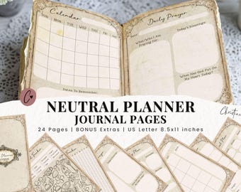 Neutral Planner Journal Pages, Printable Junk Journal Pages, Month, Tracker, Goals, Faith, Weight, Calendar, Printable, Digital Download