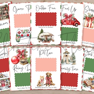 May include: A collection of Christmas-themed gift cards with various illustrations and text. Each card features a unique design, including a cozy reading nook, a video game controller, a red car with a bow, and a gift-wrapped present. The cards are bordered with red and green.