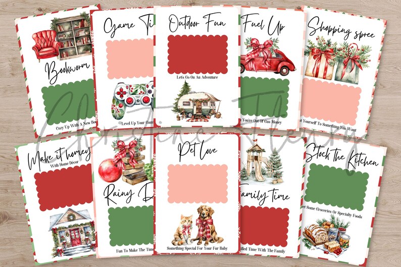 May include: A collection of Christmas-themed gift cards with various illustrations and text. Each card features a unique design, including a cozy reading nook, a video game controller, a red car with a bow, and a gift-wrapped present. The cards are bordered with red and green.