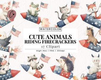 Cute Animals Riding Firecrackers Clipart Bundle, 4th Of July PNG, Independence Day, Funny 4th Of july, Funny Animals Png, Digital Download
