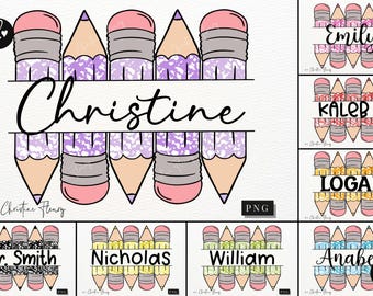 Pacote de crachás personalizados em PNG, volta às aulas em PNG, nome personalizado em lápis para rabiscar, presente de agradecimento ao professor