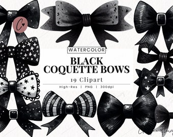 Watercolor Black Coquette Bows Clipart, Coquette Clipart, Gothic PNG, Cute Bow PNG Instant Download for Commercial Use