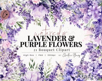 Watercolor Lavender & Purple Flowers Clipart, Watercolor Wedding Clipart, Weddingcore PNG, PNG Instant Download for Commercial Use