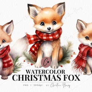 Clipart renard de Noël aquarelle, clipart Animal aquarelle, Noël PNG, téléchargement immédiat PNG pour usage commercial