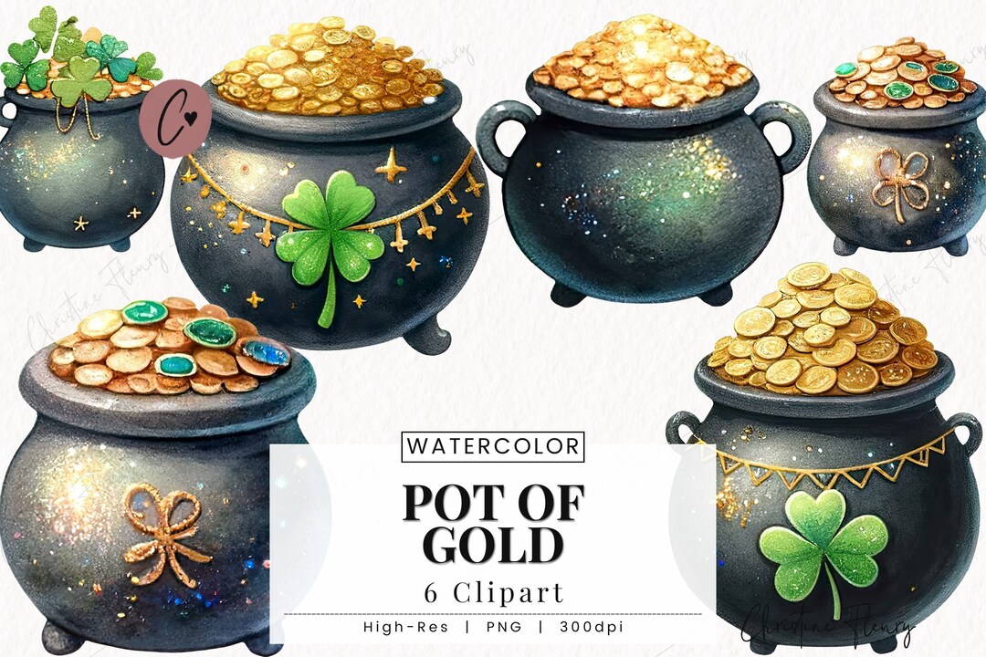 Watercolor Pot of Gold Clipart, ST Patrick's Day Png, End of Rainbow ...
