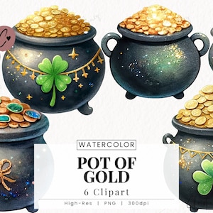 Pode incluir: Seis ilustrações de aquarela de potes de ouro. Cada pote é preto com moedas de ouro que se derramam do topo. Alguns potes têm trevos e detalhes de glitter dourado.