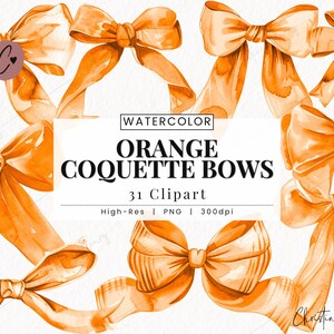 Könnte beinhalten: Aquarell-Clipart mit 31 orangefarbenen Koketten-Schleifen. Die Schleifen sind in verschiedenen Größen und Formen, einige haben einen klassischeren Look, andere sind moderner. Alle Schleifen sind im Aquarell-Stil gemalt, was ihnen ein weiches und zartes Aussehen verleiht.