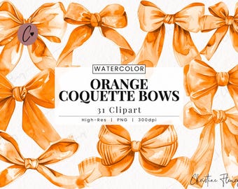 Clipart de laços de coquete laranja em aquarela, clipart de laço laranja, coquete PNG, download instantâneo de PNG de outono para uso comercial