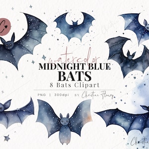 Akwarela Midnight Blue Bats Clipart, Akwarela Bat PNG, Halloween Clipart, PNG Natychmiastowe pobieranie do użytku komercyjnego