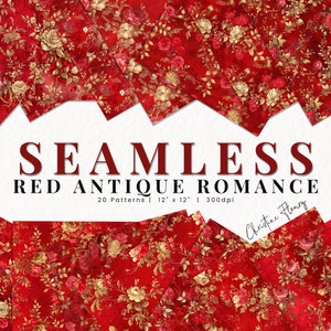 Papel digital romance antiguo rojo sin costuras, patrones florales dorados, papel romántico imprimible, fondo de sublimación para uso comercial