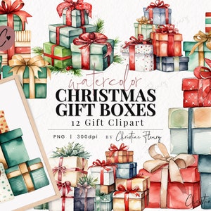 Watercolor Christmas Gift Boxes Clipart, Watercolor Christmas Clipart, Presents PNG, PNG Instant Download for Commercial Use