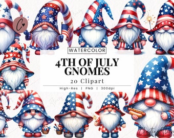 Gnomos del 4 de julio, imágenes prediseñadas patrióticas, imágenes prediseñadas de gnomos, imágenes prediseñadas de gnomos de verano, descarga instantánea para uso comercial