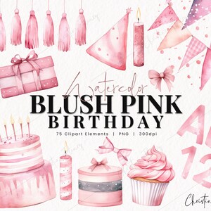 Clipart anniversaire aquarelle rose fard à joues, aquarelle fête des cliparts, aquarelle PNG, PNG téléchargement immédiat pour usage commercial