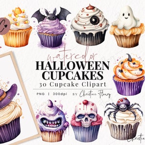 30 cupcakes de Halloween en acuarela, imágenes prediseñadas de Halloween en acuarela, PNG de Halloween, descarga instantánea PNG para uso comercial