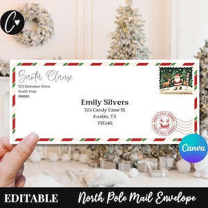 Plantilla de sobre editable para carta de Papá Noel, plantilla de Canva para imprimir, sobre para correo del Polo Norte, correo personalizado de Papá Noel, descarga instantánea