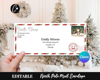 Editable Letter From Santa Envelope Template, Canva Template Printable North Pole Mail Envelope, Personalized Santa Mail, Instant Download