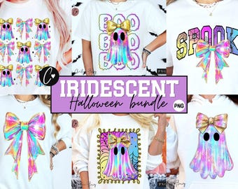 May include: A collection of white t-shirts and sweatshirts featuring iridescent Halloween-themed designs. The designs include ghosts, bows, and the word "Spooky". The designs have a colorful, shimmering effect, with gold accents.
