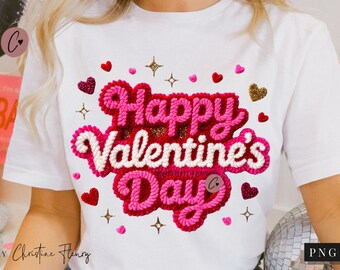 Happy Valentine's Day Latch Hook PNG, Faux Crochet Valentine's Day Shirt Design, Valentine PNG Digital Download, Preppy Coquette PNG