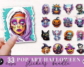 Pop Art Halloween Sticker PNG Bundle, Printable Halloween Stickers, Pop Art Sticker, Halloween PNG for Commercial Use