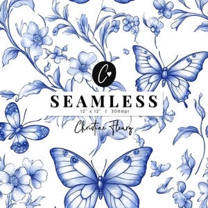 Carta digitale Toile de Jouy Chinoiserie primaverile, farfalla PNG, sfondo per cameretta senza soluzione di continuità, carta per scrapbooking stampabile con farfalle floreali primaverili