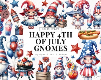 Peut inclure: Un ensemble de 60 images clipart numériques représentant des gnomes vêtus de vêtements patriotiques rouge, blanc et bleu. Les gnomes tiennent divers objets sur le thème du 4 juillet, tels que des feux d'artifice, des hot-dogs et des glaces. Le texte "Happy 4th of July Gnomes" est affiché au centre de l'image.