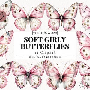 Weiche Girly Schmetterling Clipart Bundle, Frühling PNG, weiche Girly Era PNG, Aquarell Schmetterling Clipart Sofort-Download für kommerzielle Nutzung