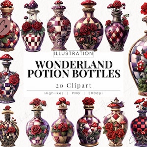 Garrafas de Poção do País das Maravilhas Clipart, Conto de Fadas PNG, Clipart Temático do País das Maravilhas, Sublimação de Fantasia, Alice Wonderland PNG Download Instantâneo