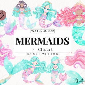 Aquarell Meerjungfrau Clipart, Ozean Fantasy, Pastell Meerjungfrau Clipart Bundle, Fantasy Clip Art Bundle, süße Meerestiere PNG, Instant Download