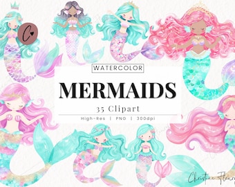Imágenes prediseñadas de sirena en acuarela, fantasía oceánica, paquete de imágenes prediseñadas de sirena pastel, paquete de imágenes prediseñadas de fantasía, lindos animales marinos PNG, descarga instantánea