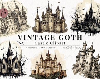 Imágenes prediseñadas de castillo gótico vintage, imágenes prediseñadas góticas, PNG de Halloween, PNG descarga instantánea para uso comercial