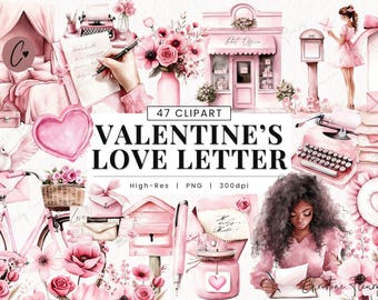 May include: A set of 47 Valentine's Day themed digital clipart images. The images feature pink, red, and white hearts, flowers, envelopes, a typewriter, a mailbox, a bicycle, and a girl writing a letter. The text "Valentine's Love Letter" is included in the image.
