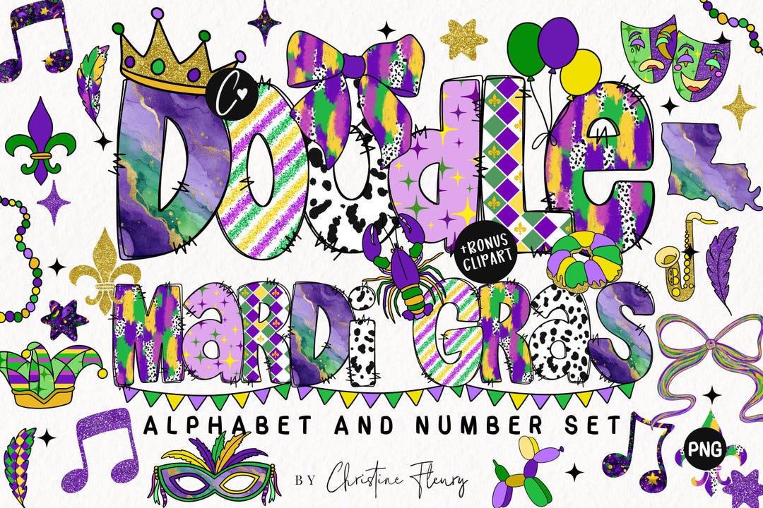Doodle Mardi Gras Alphabet PNG Bundle BONUS Clipart, Mardi Gras Letters ...