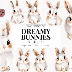 Watercolor Dreamy Bunny Clipart, Bunny PNG, Watercolor Nursery Clipart, Baby Animal PNG, Girl Nursery Instant Download for Commercial Use