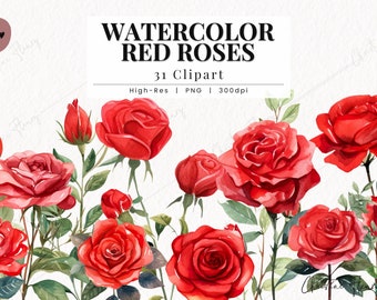 Watercolor Red Roses Clipart, Watercolor Flower Clipart, Wedding PNG, Rose PNG Instant Download for Commercial Use