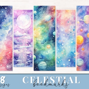 Pastel Celestial Printable Bookmark, Travel Junk Journal Bookmarks, Printable Space Bookmark, Watercolor Sublimation PNG for Commercial Use