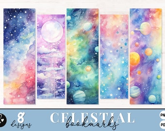 May include: Eight watercolor celestial bookmark designs featuring planets, stars, and a moon. The bookmarks are in shades of blue, purple, pink, and green.