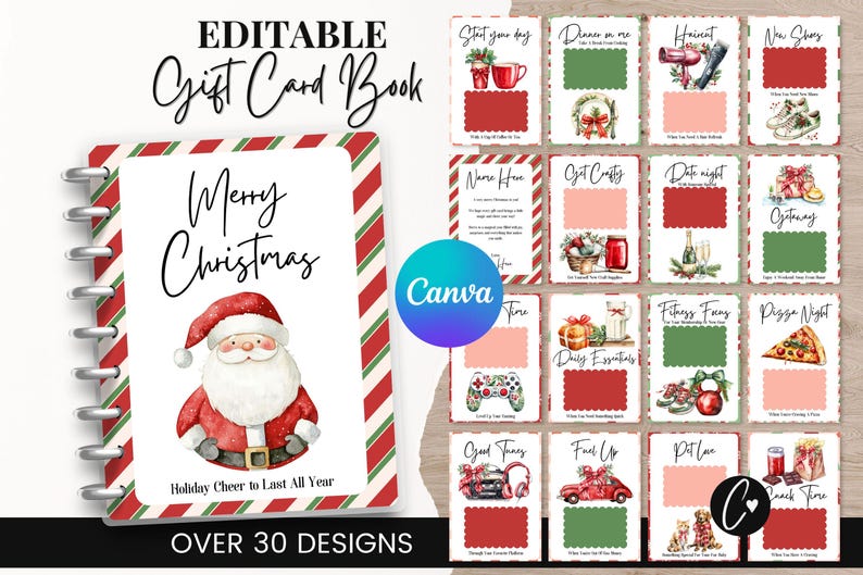 May include: An editable Christmas gift card book with a cover featuring Santa Claus and the text "Merry Christmas." The book includes over 30 designs, with various themed gift card templates. The design includes red and green stripes.