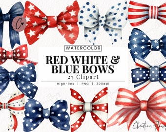 Red White & Blue Bows Clipart, Watercolor 4th Of July Clipart, Independence Day PNG, coquette Instant Download for Commercial Use