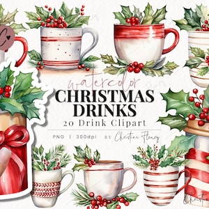 水彩クリスマスドリンククリップアート、水彩カップクリップアート、クリスマスPNG、商用利用のためのPNG即時ダウンロード